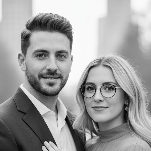 Foto de los novios mirando hacia la cámara sonriendo